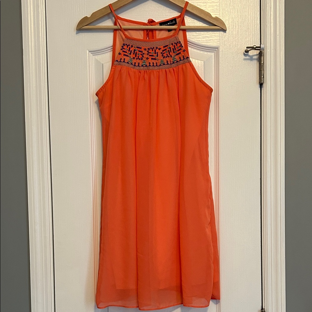 ⚡️Sequin Hearts Vibrant Orange Mini Dress intricate detail